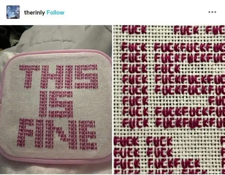 A side-by-side image shows a cross-stitch piece with the phrase 'THIS IS ME' stitched in pink thread on beige fabric, with…