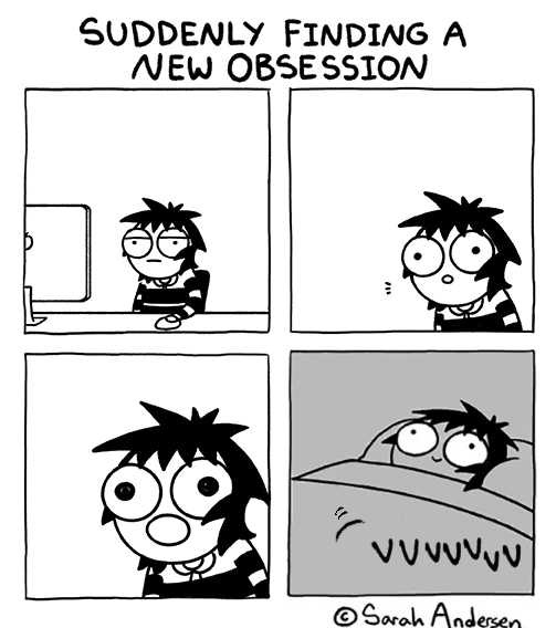 A four-panel comic strip shows a person initially bored at a computer, then suddenly wide-eyed with excitement, followed by…