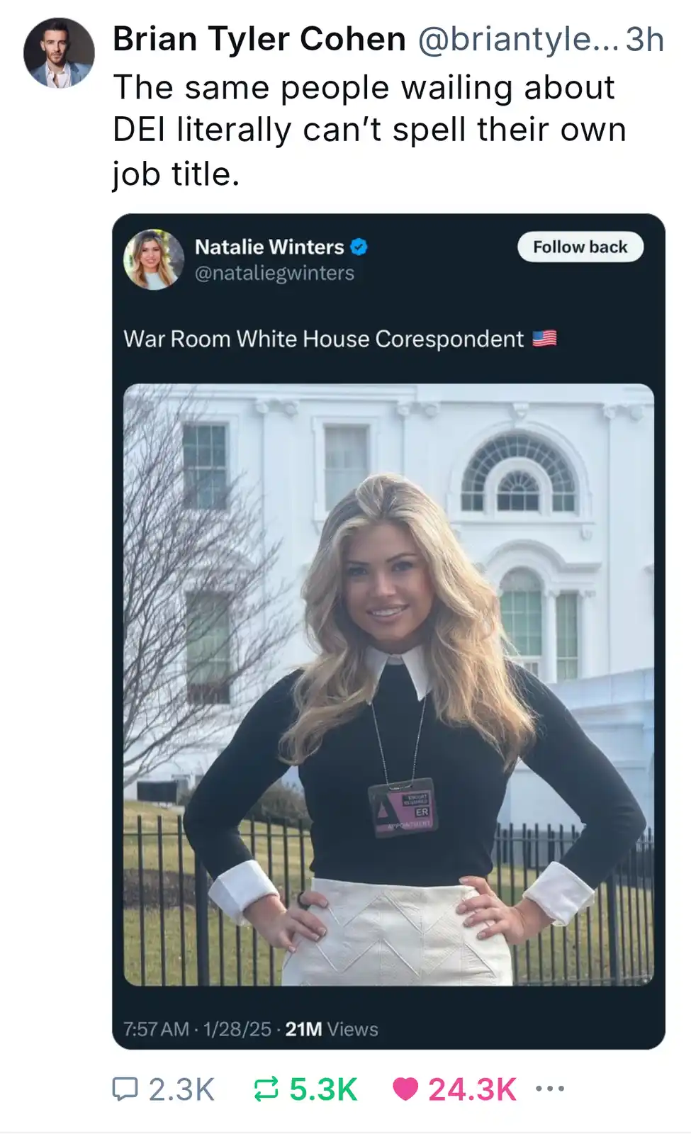 A screenshot of a tweet by Natalie Winters showing her standing in front of the White House wearing a lanyard with a badge…