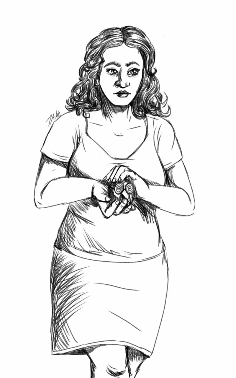 A black-and-white sketch of a woman with curly hair, wearing a t-shirt and skirt, holding two spiral-shaped objects in her…