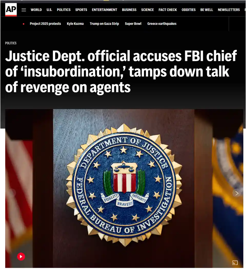 An Associated Press news article screenshot shows the FBI seal on a wooden podium, with the headline stating a Justice…