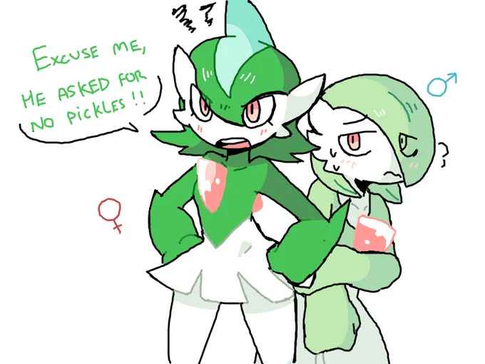 Two anthropomorphic Pokémon characters, one green and one light green, are depicted in a close, affectionate pose. The green…
