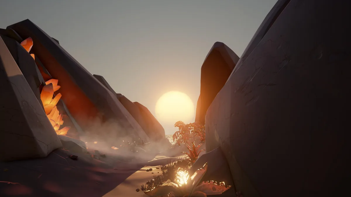 A serene, stylized digital landscape shows a glowing sunset between large, angular rock formations. On the left, glowing…