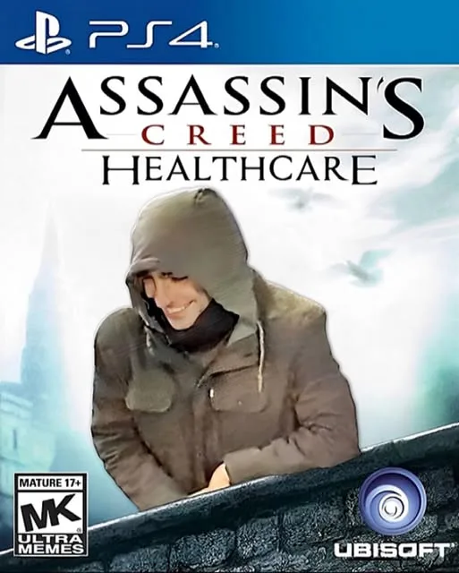 The image is a parody video game cover for a PlayStation 4, featuring the title 'Assassin's Creed Healthcare' in large font…
