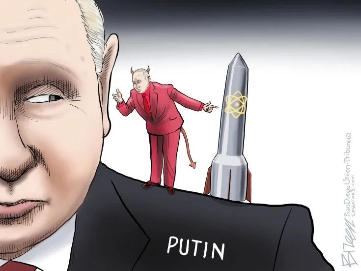 A cartoon depicts a large close-up of Vladimir Putin's face, with his suit jacket labeled 'PUTIN'. On his shoulder stands a…