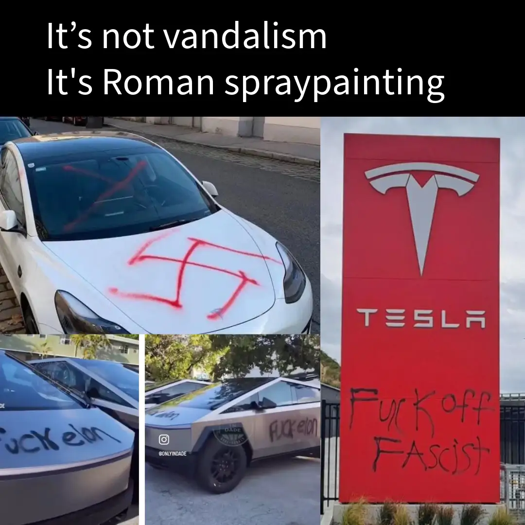 A collage shows a white Tesla with a red swastika spray-painted on its hood, alongside other images of Teslas and a Tesla…
