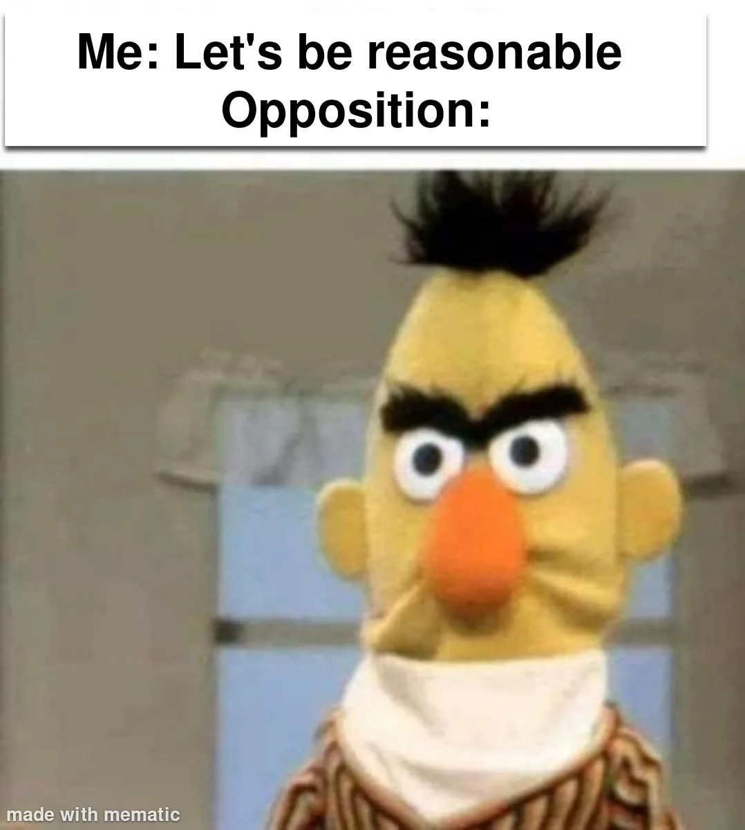 The image shows a close-up of the Muppet character Bert with a furious, scowling expression, his eyebrows furrowed and eyes…