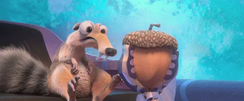 A six-panel meme strip from the movie Ice Age shows Scrat, the squirrel-like character, repeatedly trying to grab an acorn…