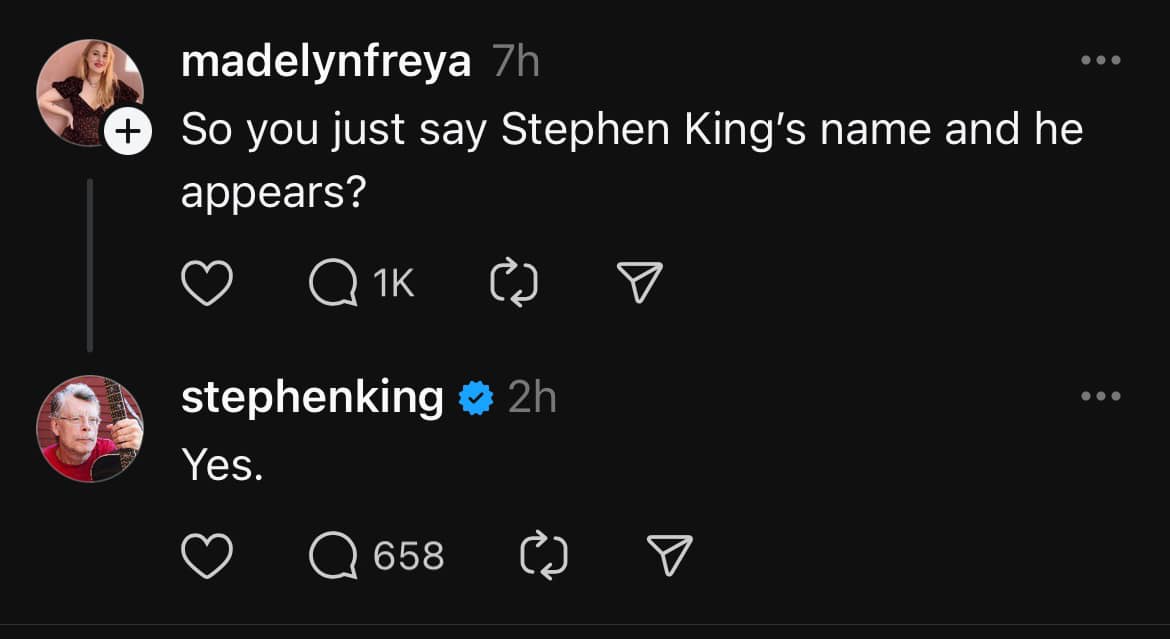 A screenshot of a social media comment thread shows user 'madelynfreya' asking if saying Stephen King's name causes him to…