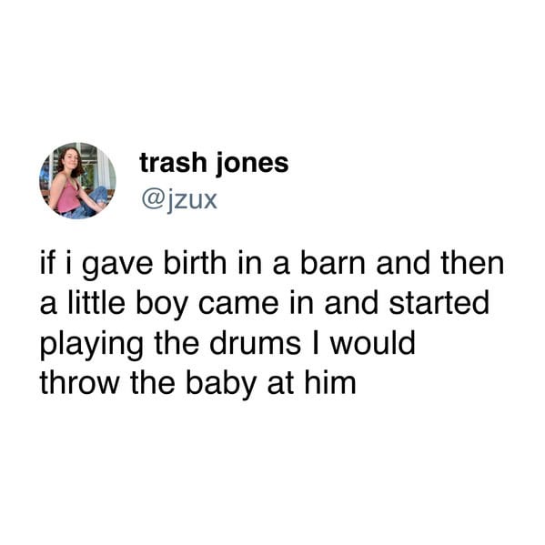 A screenshot of a tweet from user 'trash jones' (@jzux) featuring a circular profile picture of a woman smiling. The tweet…