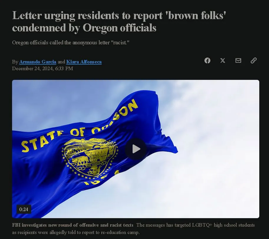 A screenshot of a news article shows a video thumbnail of the Oregon state flag waving against a cloudy sky. The headline…