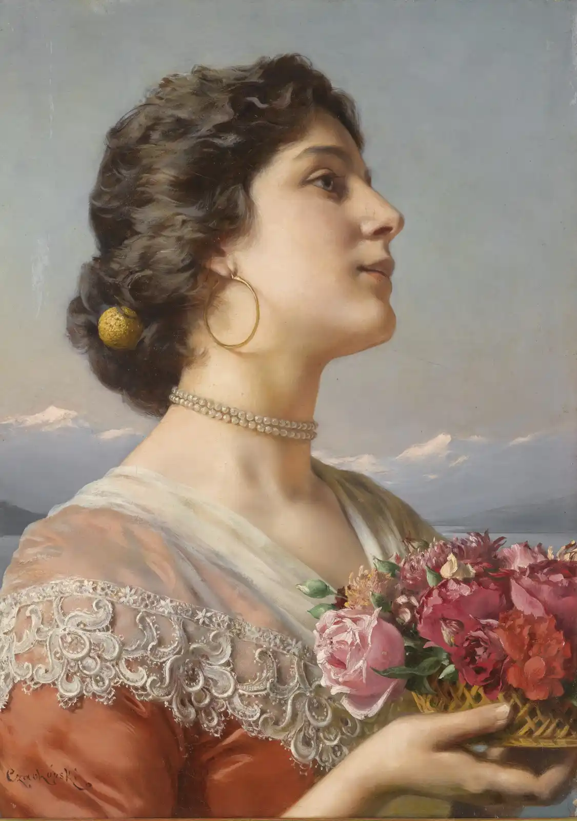 A classical painting of a woman in profile, wearing a pearl necklace and gold hoop earrings, holding a basket of red and…