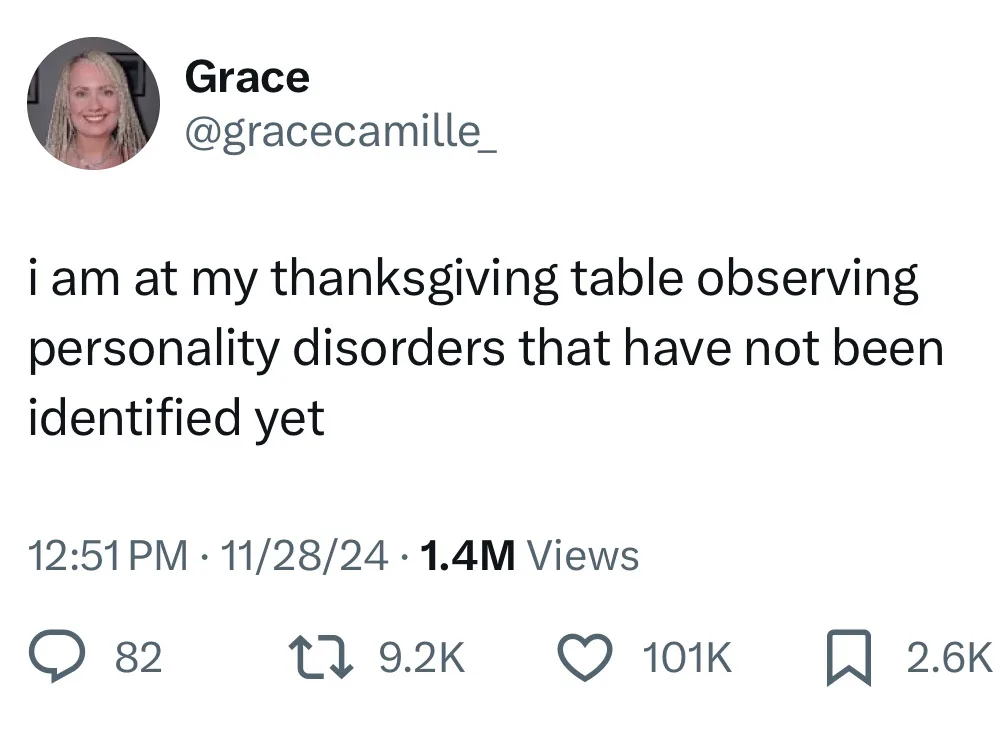 A screenshot of a tweet by user Grace (@gracecamille_) showing her text: 'i am at my thanksgiving table observing…