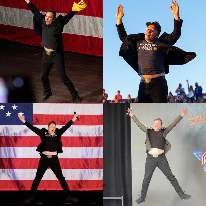 A four-panel collage shows Elton John in identical celebratory poses with arms raised, wearing different outfits and…