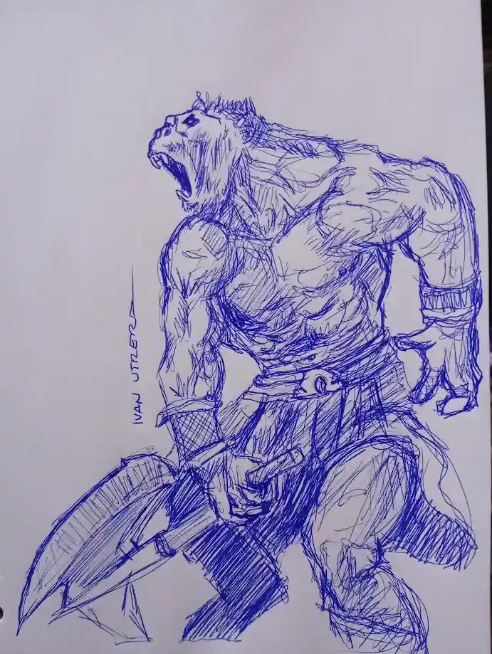 A blue ink sketch of a muscular, monstrous humanoid figure with a beast-like head, roaring while holding a large sword. The…