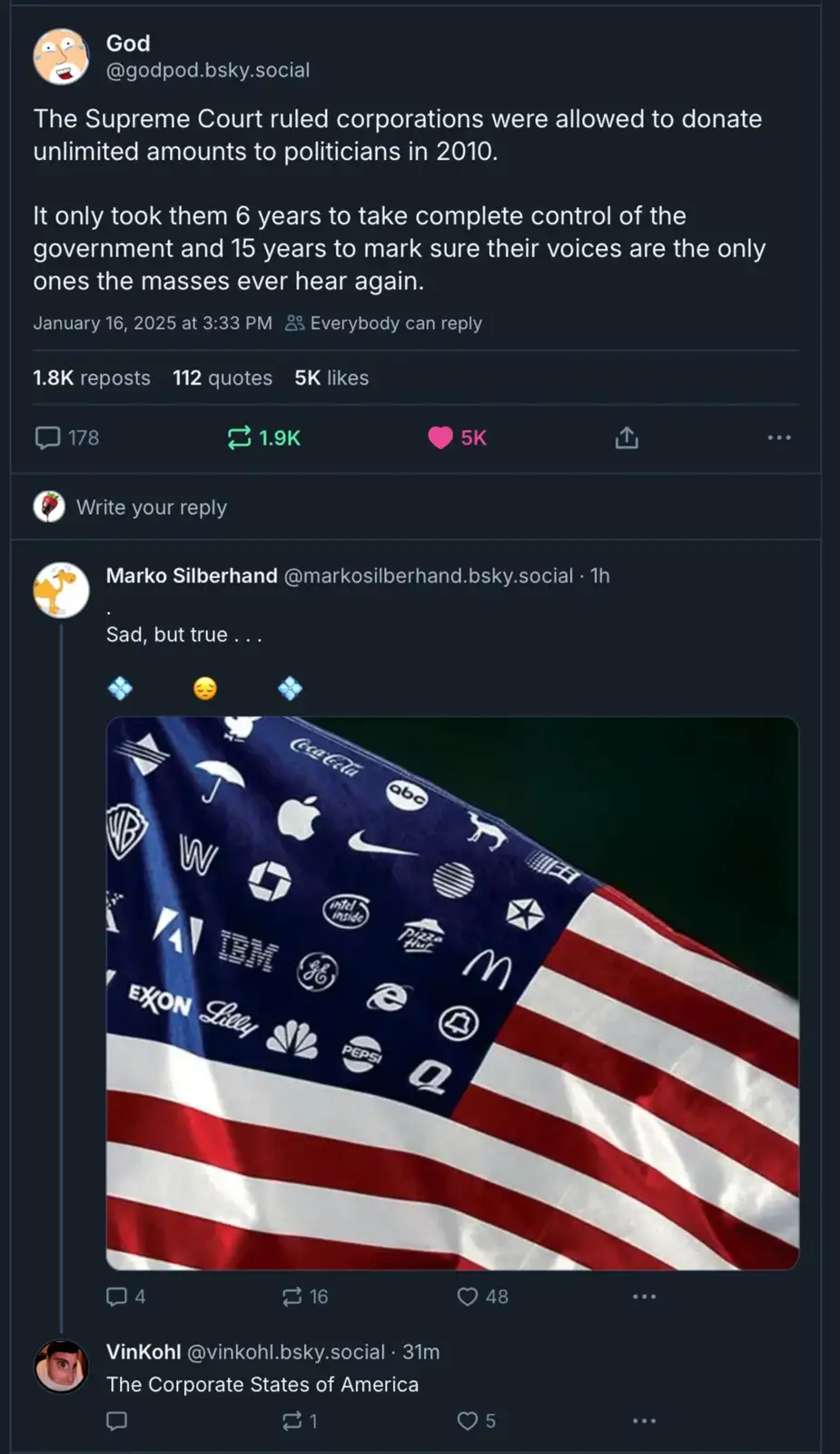 An image of an American flag where the blue field is covered with logos of major corporations like Coca-Cola, Apple, Nike…