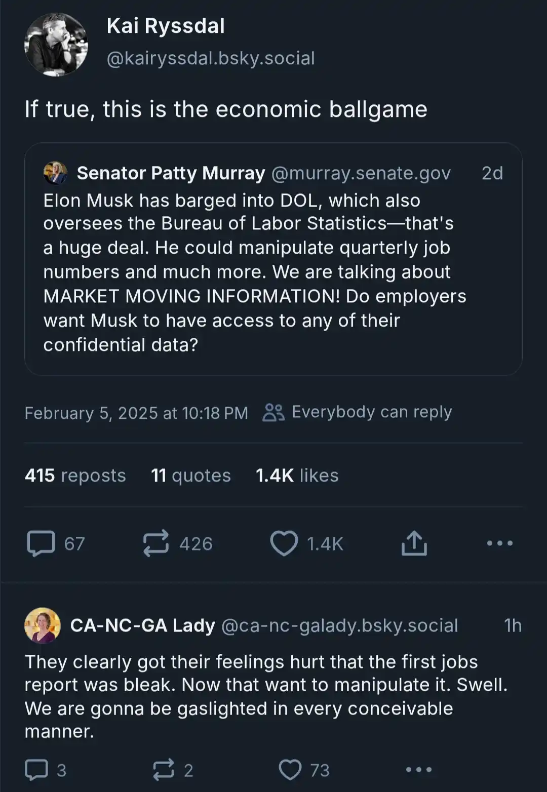 A screenshot of a social media post by Kai Ryssdal showing a reply from Senator Patty Murray expressing concern that Elon…