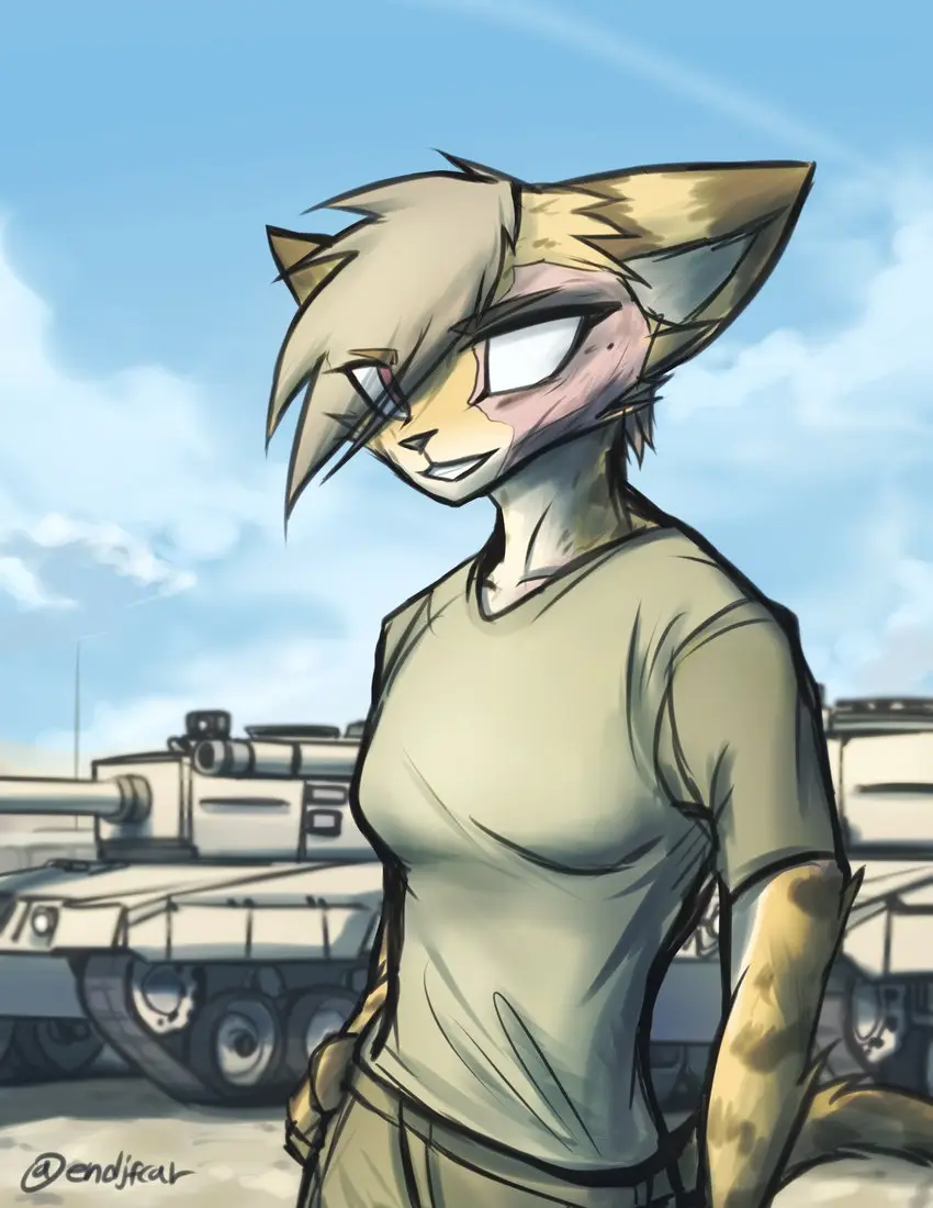 An anthropomorphic feline character with spiky blonde hair and a smug expression stands in front of several military tanks…