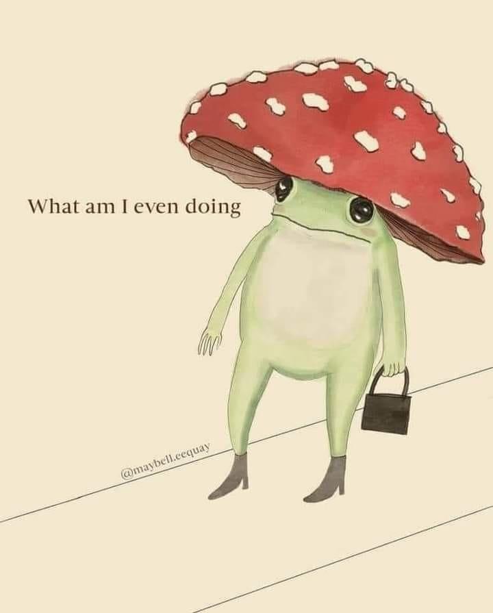 A cartoon frog wearing a large red and white spotted mushroom cap as a hat, standing on a sidewalk in high heels and…