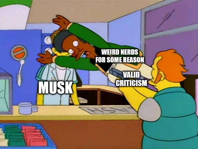 In a scene from The Simpsons, a character labeled 'MUSK' is being forcefully pushed backward by another character holding a…