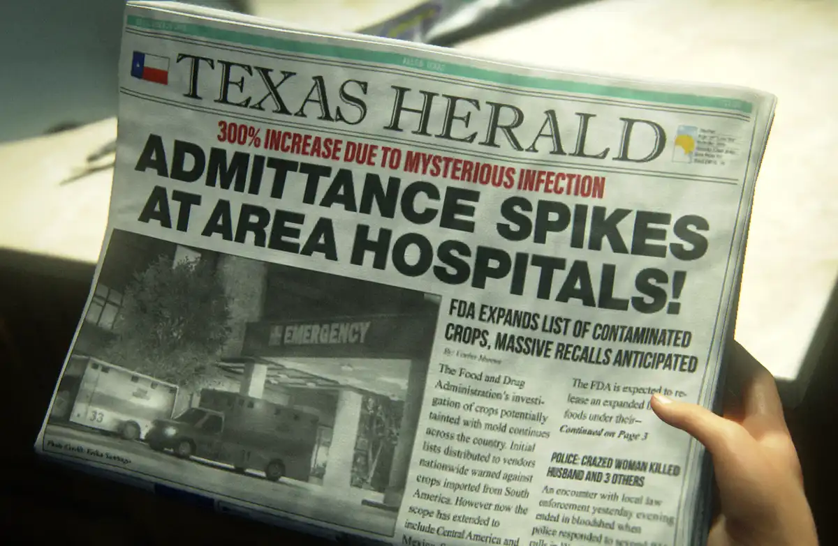 A hand holds a newspaper titled 'TEXAS HERALD' with a large headline reading '300% INCREASE DUE TO MYSTERIOUS INFECTION…