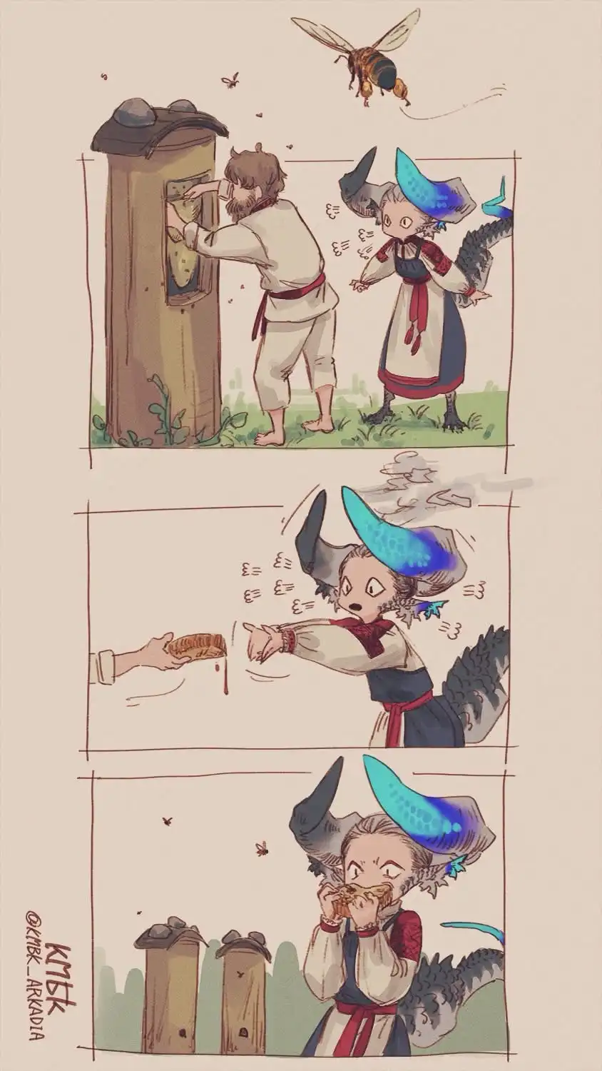 A three-panel comic shows a bearded man harvesting honey from a beehive while a surprised, horned, blue-hatted woman…