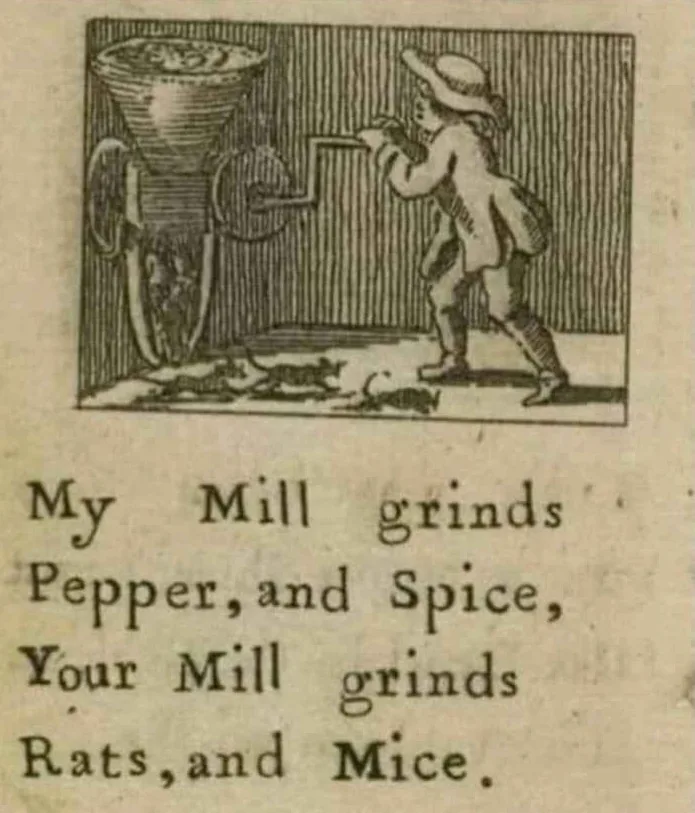 An old woodcut shows a child operating a hand-cranked mill, with rats and mice scattered on the floor beneath it. The…