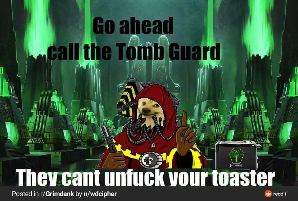 A dog wearing a red hooded robe and holding a gun points at a toaster with a green glowing tomb-like background. The text…