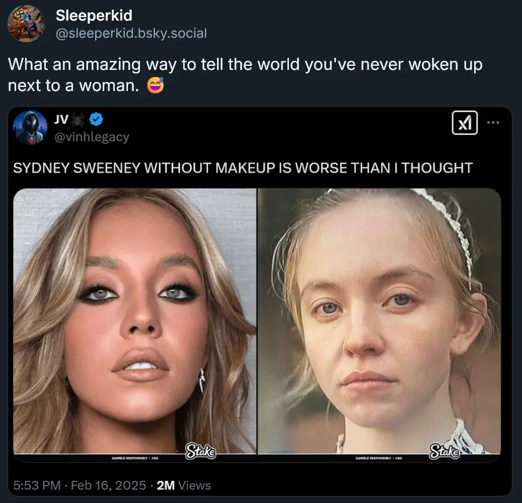 The image displays a side-by-side comparison of actress Sydney Sweeney. On the left, she is shown with full makeup…