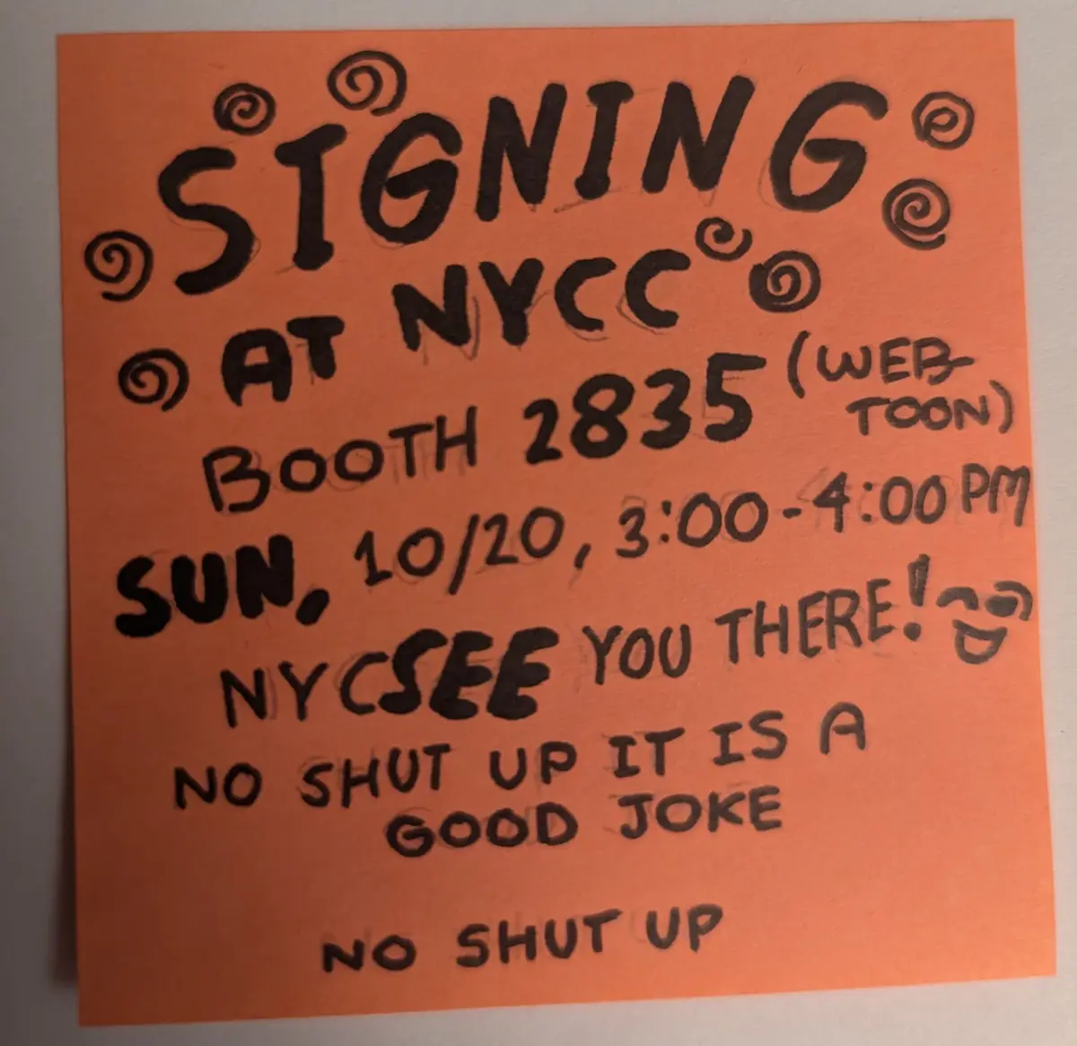 An orange sticky note with handwritten black ink announces a signing event at NYCC Booth 2835 (Webtoon) on Sunday, October…