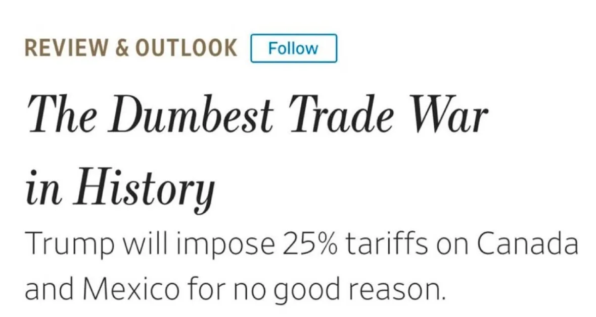 A screenshot of a news article header with the title 'The Dumbest Trade War in History' and a subheading stating 'Trump will…