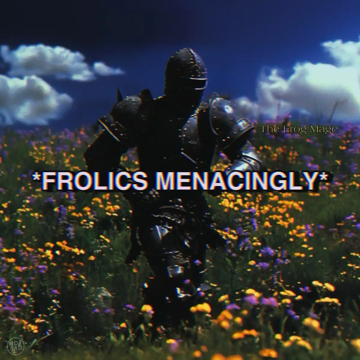 A person in full black medieval knight armor stands in a field of colorful wildflowers under a blue sky with clouds. The…