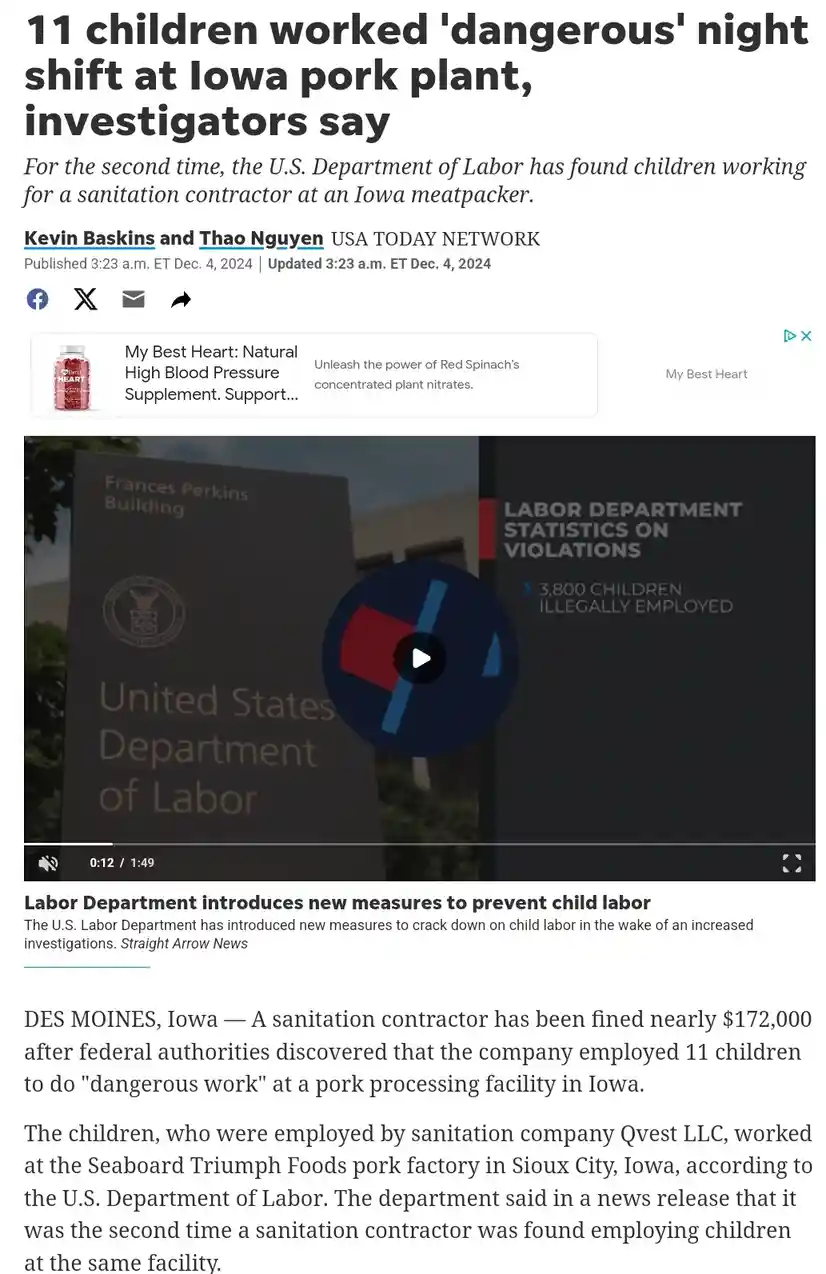 A screenshot of a USA TODAY NETWORK news article about children working at a pork plant, overlaid with a video player…