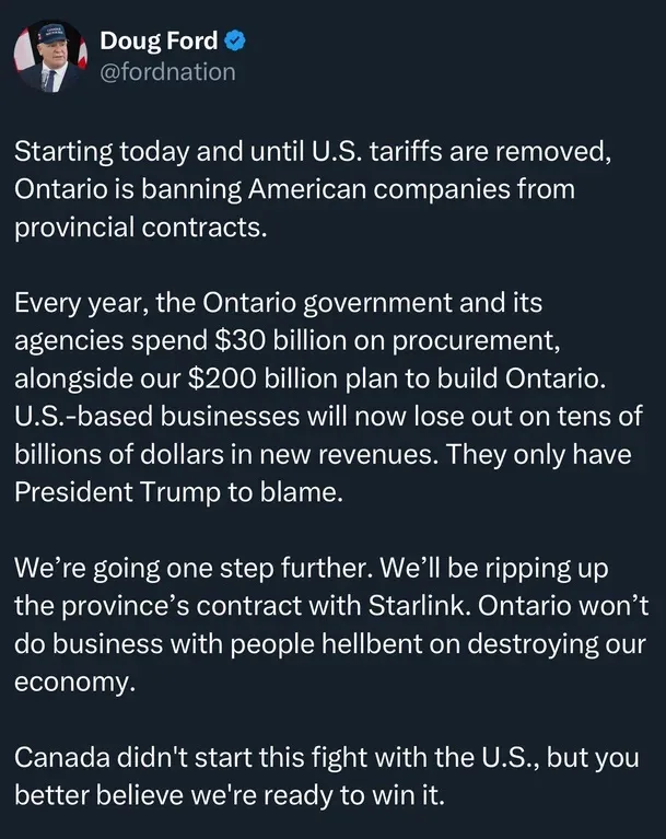 A screenshot of a tweet from Doug Ford's verified Twitter account (@fordnation) announcing Ontario's ban on American…