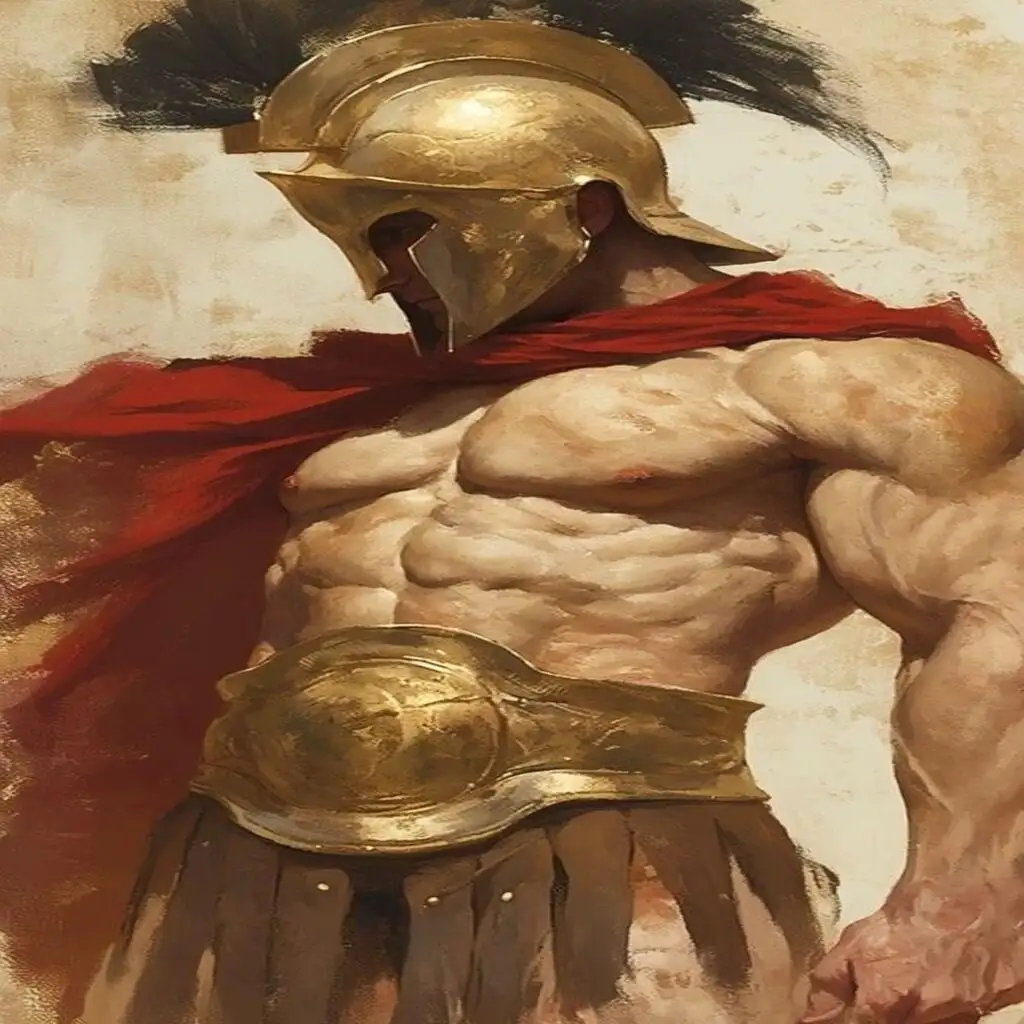 A muscular, shirtless ancient Greek warrior in a golden helmet and red cape stands with a stern expression, his body…
