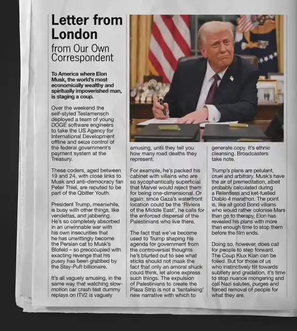 A newspaper clipping styled as a satirical 'Letter from London' features a photo of Donald Trump sitting at a desk with an…