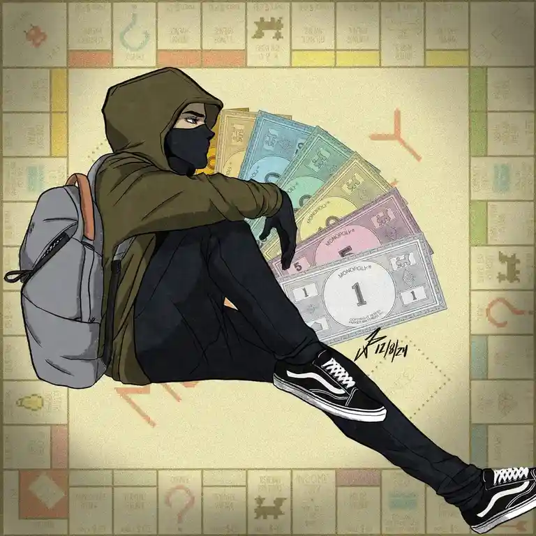 An illustrated person in a green hoodie and black face mask sits on a Monopoly game board, holding a fan of Monopoly money…