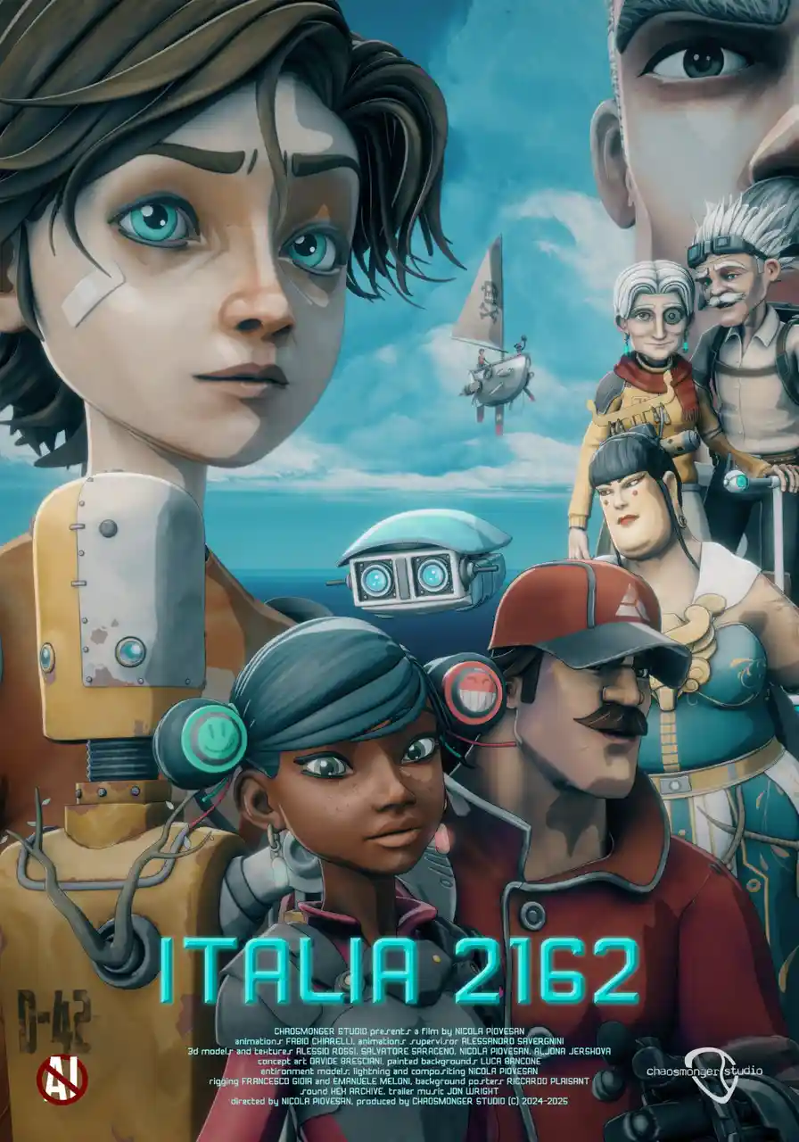 A vibrant animated movie poster for 'Italia 2162' featuring a diverse cast of characters including a young girl with a…