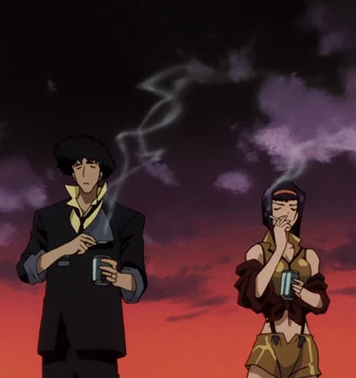 six panels show two anime characters, a man in a black suit and a woman in a brown outfit, standing side by side against a…