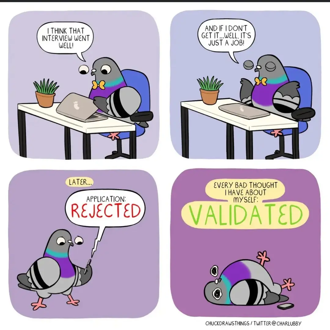 A four-panel comic shows a cartoon pigeon in a business setting. In the first panel, the pigeon thinks its job interview…