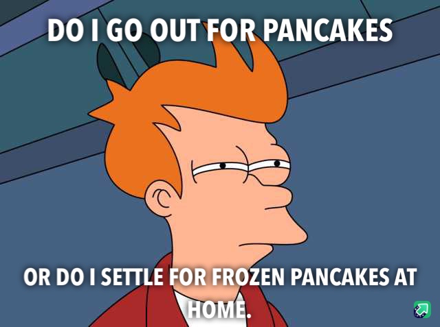 The image shows the animated character Fry from Futurama, looking sideways with a skeptical and indecisive expression. White…