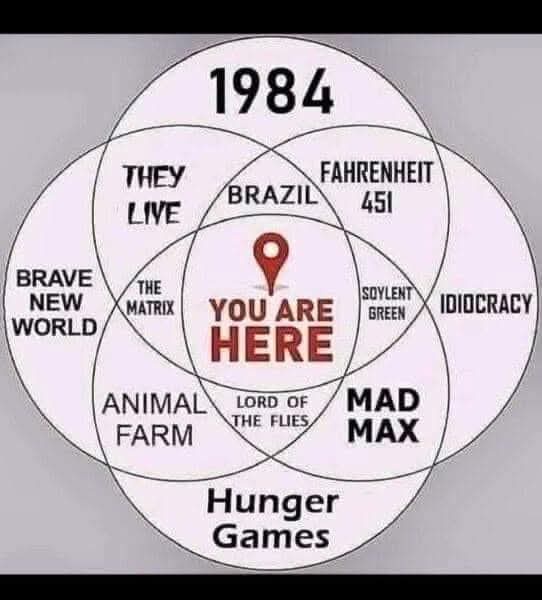A five-circle venn diagram shows dystopian movies and books, with 'YOU ARE HERE' marked in the center by a red location pin…