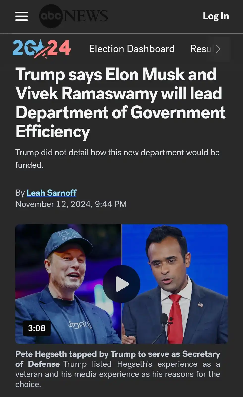 An abcnews.com screenshot shows a headline about Trump naming Elon Musk and Vivek Ramaswamy to lead a new Department of…