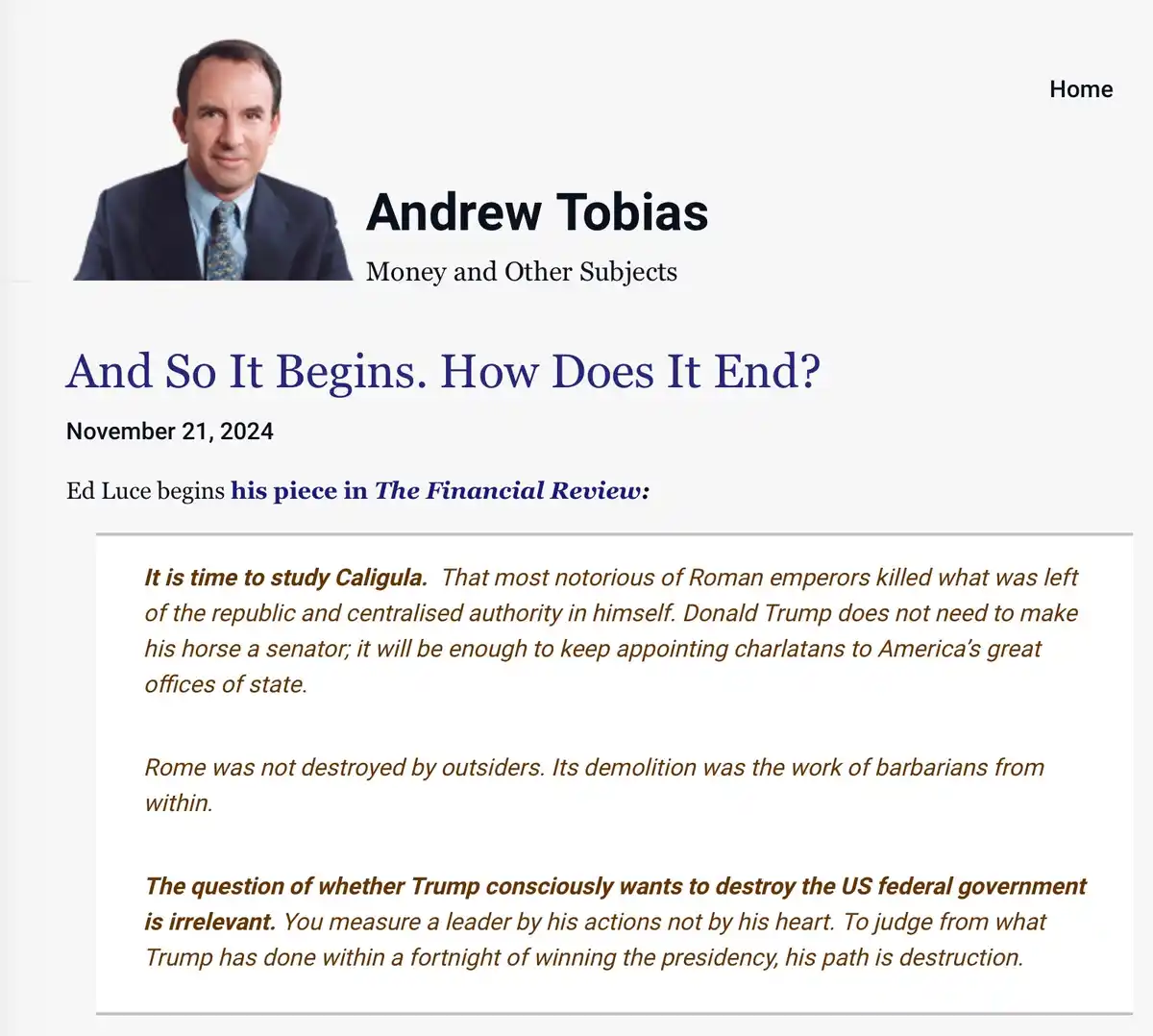 A screenshot of a webpage featuring a photo of Andrew Tobias, with the headline 'And So It Begins. How Does It End?' dated…