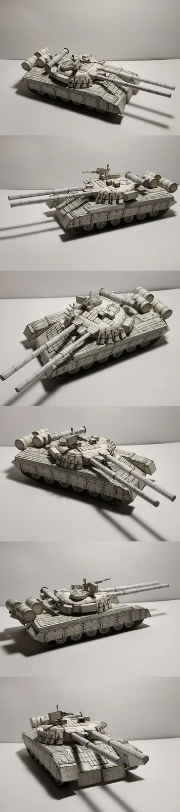 The image displays a detailed paper model of a tank, shown from multiple angles in a vertical collage. The tank is…