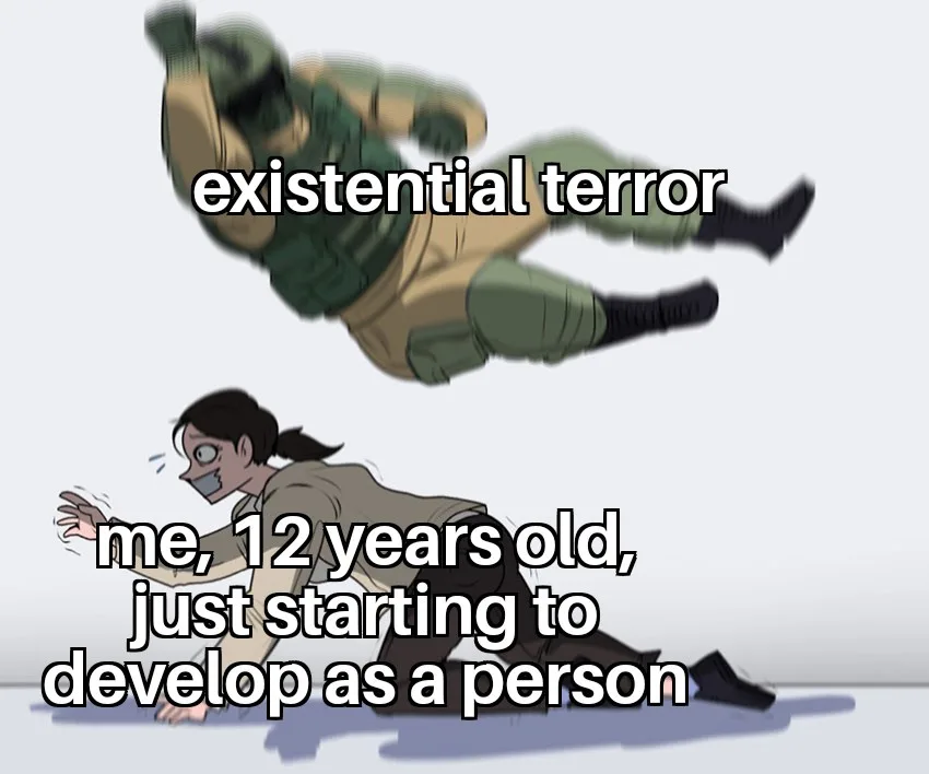 An anime-style image shows a large, blurry, green-clad figure labeled 'existential terror' falling from above, while a…