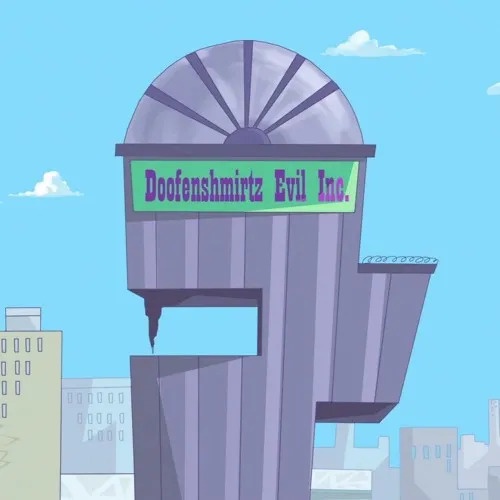 A cartoon image shows a tall, purple, cylindrical building with a fan-like top, labeled 'Doofenshmirtz Evil Inc.' in purple…