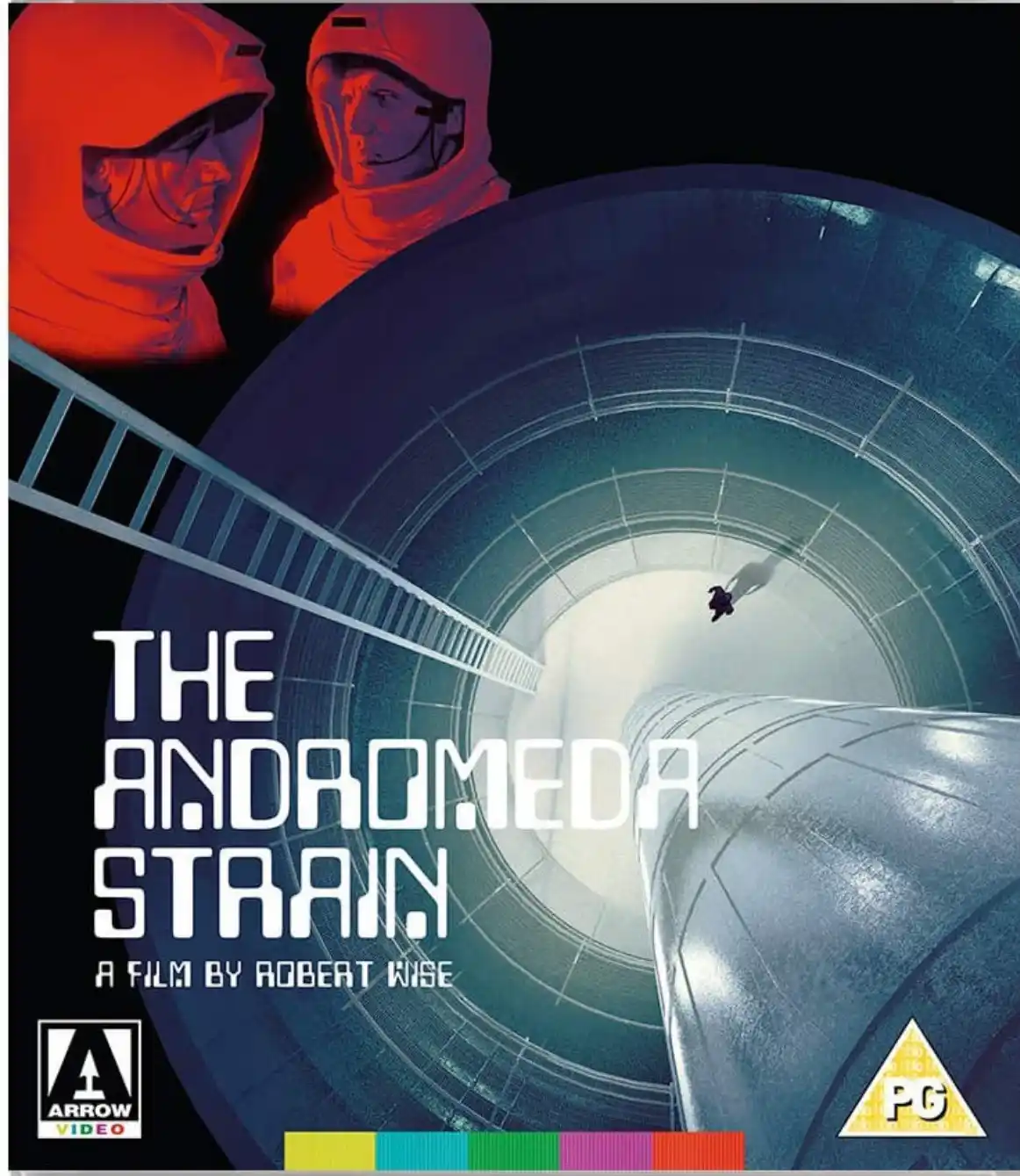 The image is a movie poster for 'The Andromeda Strain,' showing two scientists in red-lit helmets looking down a vast…