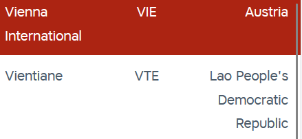 A table with three columns showing 'Vienna VIE Austria' in a red header row and 'Vientiane VTE Lao People's Democratic…
