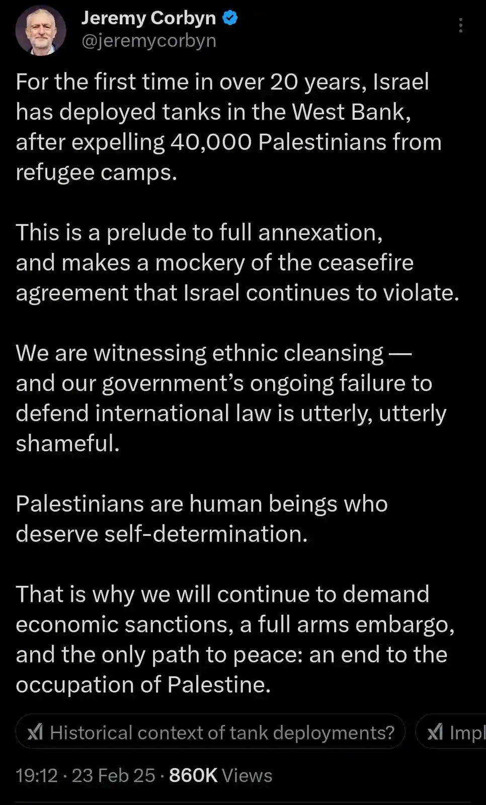 A screenshot of a tweet from Jeremy Corbyn's verified Twitter account, displaying a lengthy political statement in white…